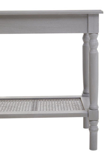 Heritage Grey Wash Wooden Side Table with Rattan Shelf