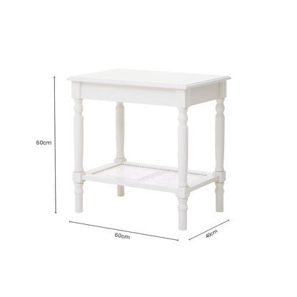 Heritage White Wooden Side Table with Rattan Shelf