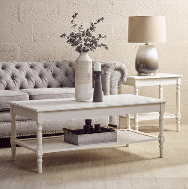 Heritage White Wooden Side Table with Rattan Shelf