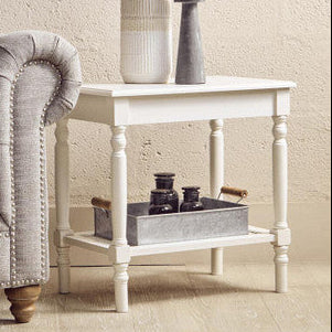 Heritage White Wooden Side Table with Rattan Shelf