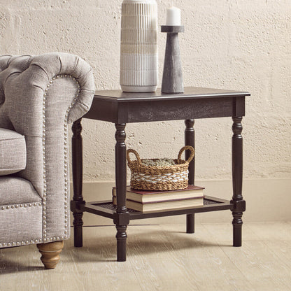 Heritage Black Wooden Side Table with Rattan Shelf