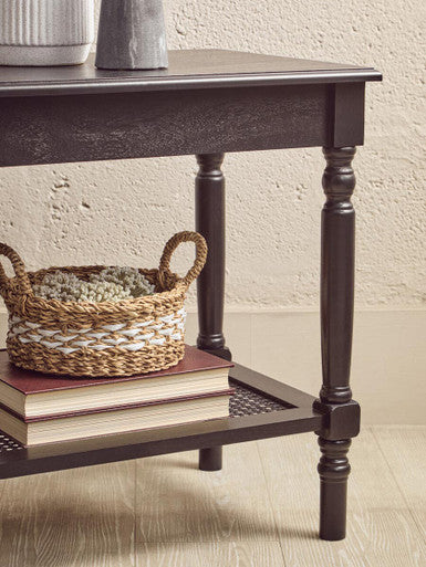 Heritage Black Wooden Side Table with Rattan Shelf