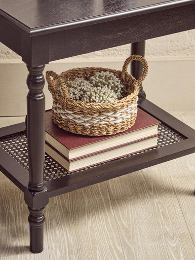 Heritage Black Wooden Side Table with Rattan Shelf