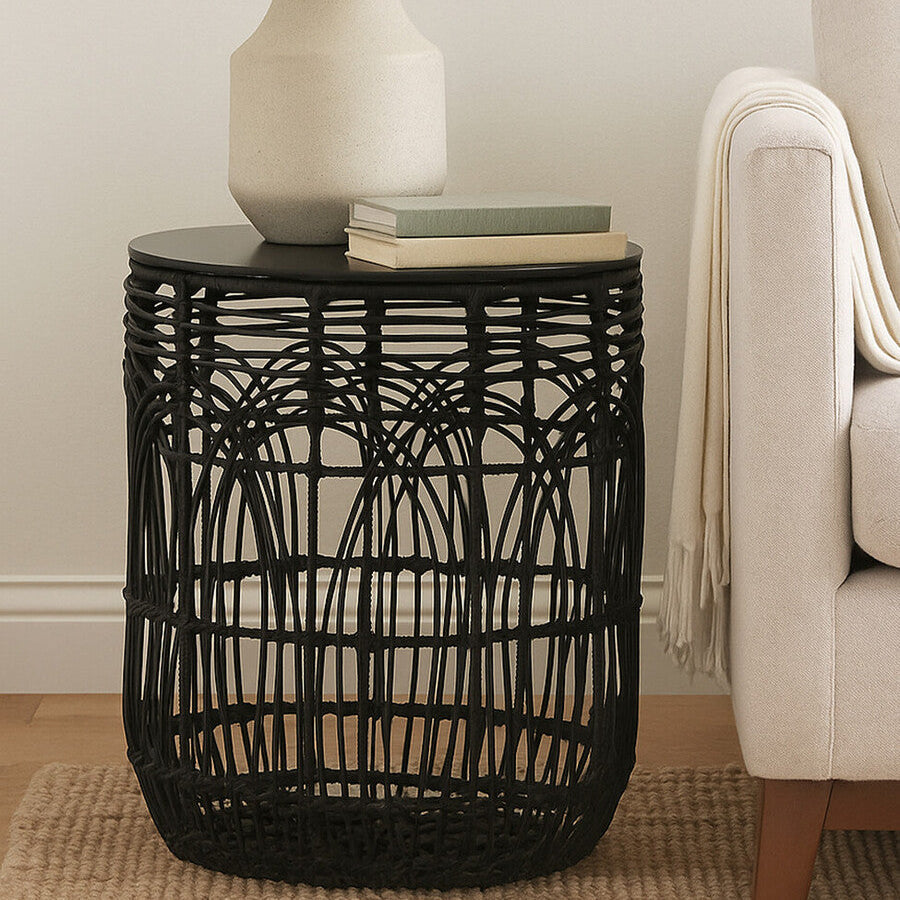 Arles Black Rattan Round Side Table