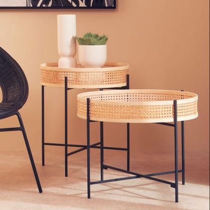 Depok Natural Rattan Tray Side Table with Black Finish Metal Base