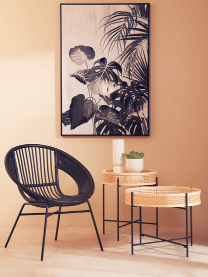 Depok Natural Rattan Tray Side Table with Black Finish Metal Base
