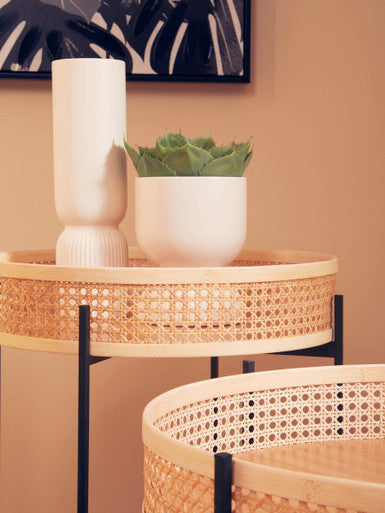 Depok Natural Rattan Tray Side Table with Black Finish Metal Base