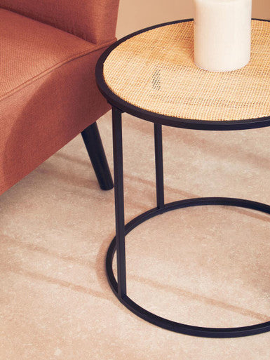 Depok Natural Rattan and Black Finish Metal Round Side Table