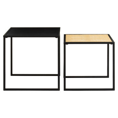 Depok Natural Rattan and Black Finish Metal Set of 2 Nesting Tables