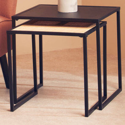 Depok Natural Rattan and Black Finish Metal Set of 2 Nesting Tables