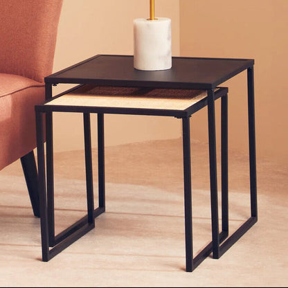Depok Natural Rattan and Black Finish Metal Set of 2 Nesting Tables