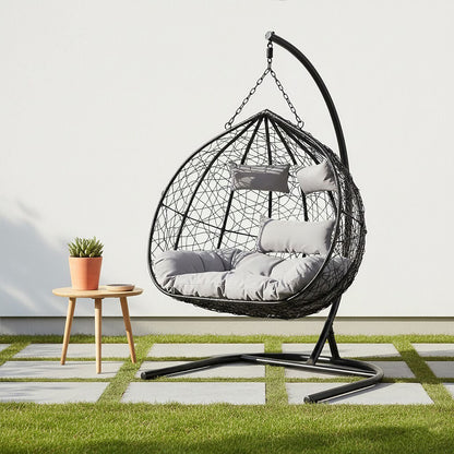 Goa Black Rattan Effect Double Hanging Egg Chair with Sledge Base