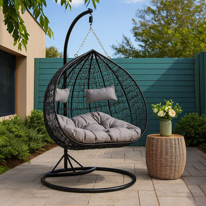 Goa Black Rattan Effect Double Hanging Egg Chair with Round Base