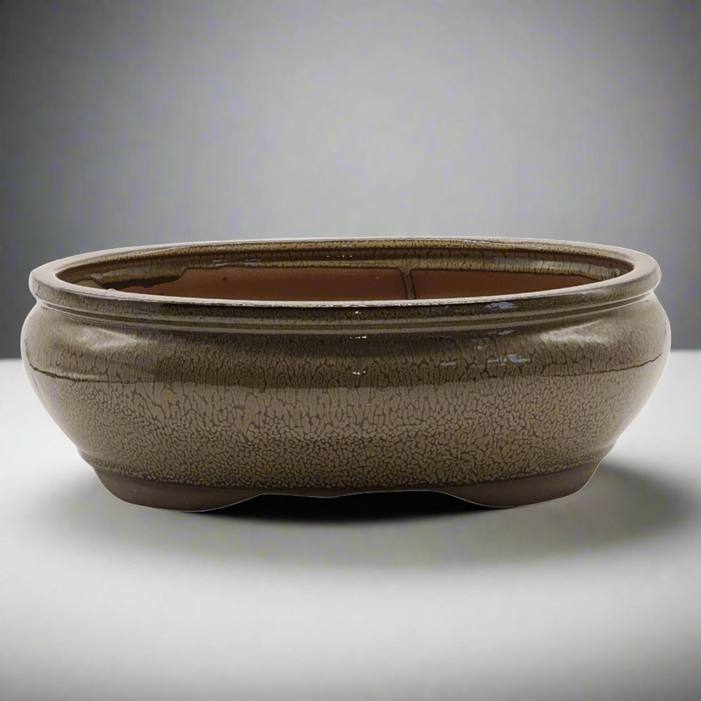 Olive Green Glazed Bonsai Pot Oval 31cm x 25cm x 11cm