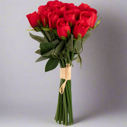 Artificial red rose bouquet.