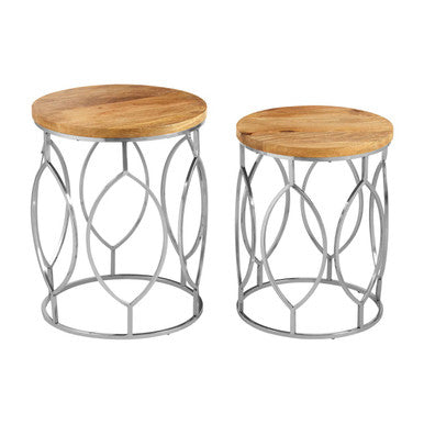 Agra Natural Mango Wood and Silver Finish Set of 2 Side Tables