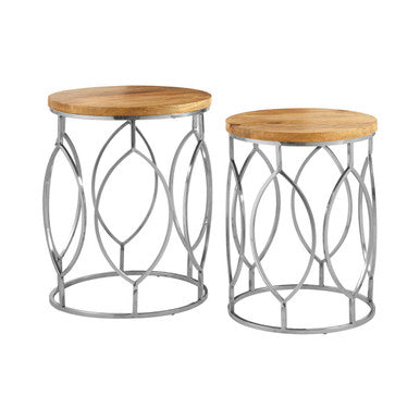 Agra Natural Mango Wood and Silver Finish Set of 2 Side Tables