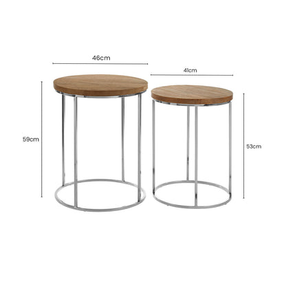 Agra Natural Mango Wood and Metal Set of 2 Round Side Tables