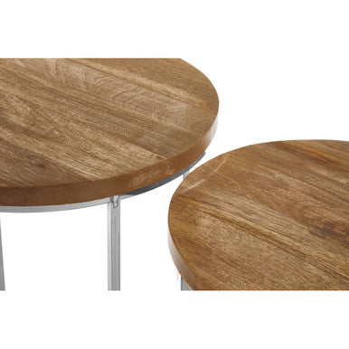 Agra Natural Mango Wood and Metal Set of 2 Round Side Tables