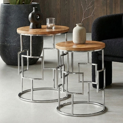 Agra Mango Wood and Silver Finish Set of 2 Side Tables