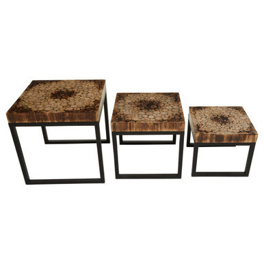 Malang Teak Wood Mosaic Set of 3 Nesting Tables
