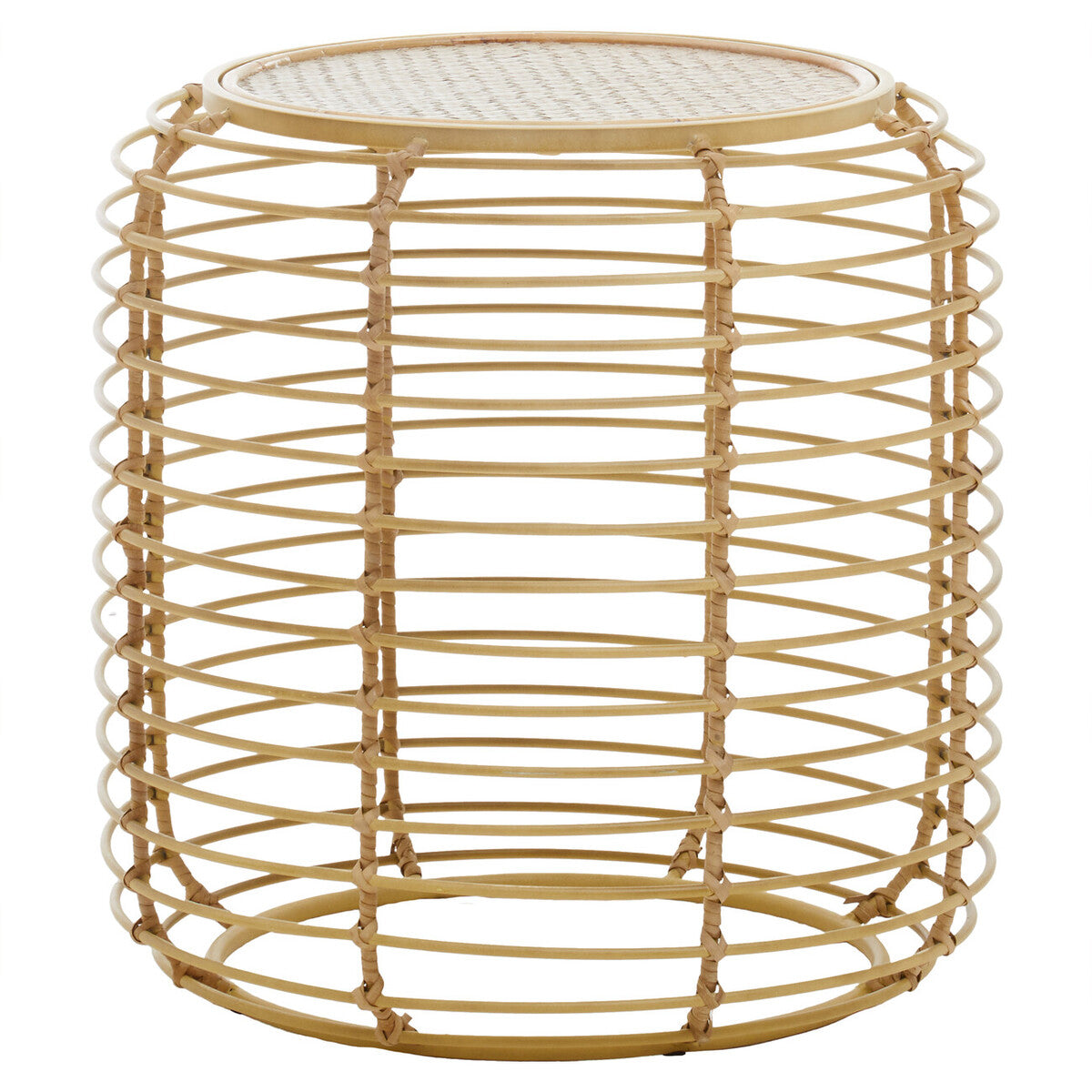 Trento Natural Rattan Round Side Table with Antique Gold Finish Frame