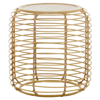 Trento Natural Rattan Round Side Table with Antique Gold Finish Frame