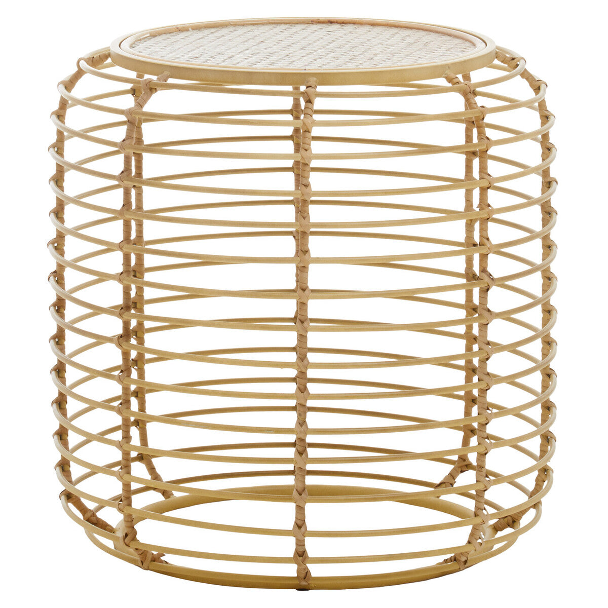 Trento Natural Rattan Round Side Table with Antique Gold Finish Frame