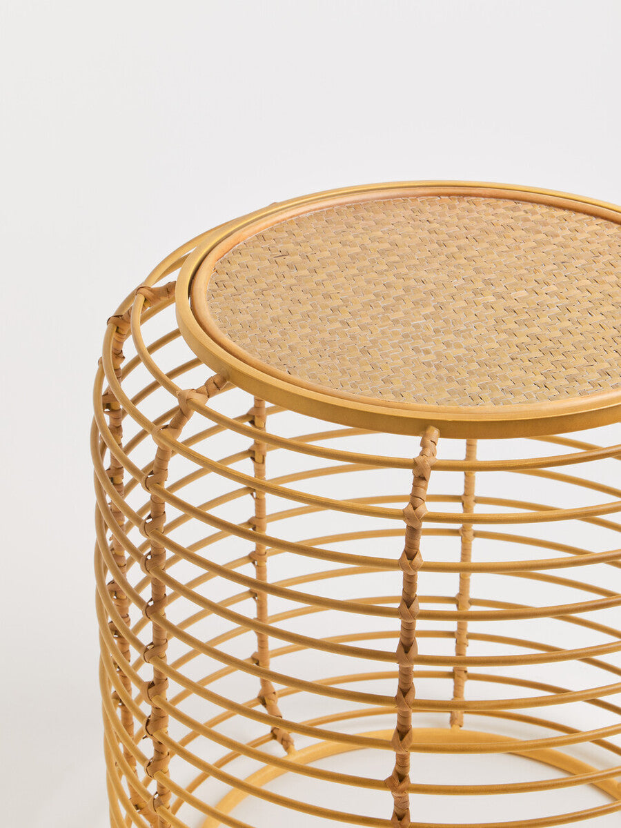 Trento Natural Rattan Round Side Table with Antique Gold Finish Frame