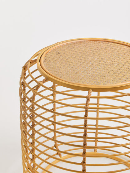 Trento Natural Rattan Round Side Table with Antique Gold Finish Frame