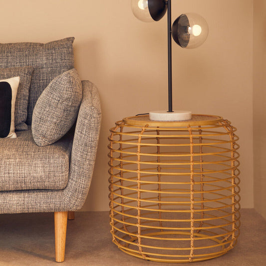 Trento Natural Rattan Round Side Table with Antique Gold Finish Frame