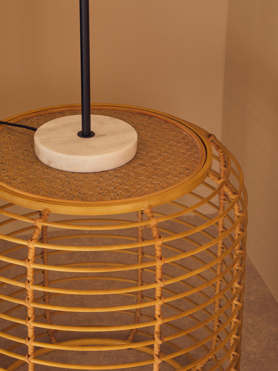 Trento Natural Rattan Round Side Table with Antique Gold Finish Frame