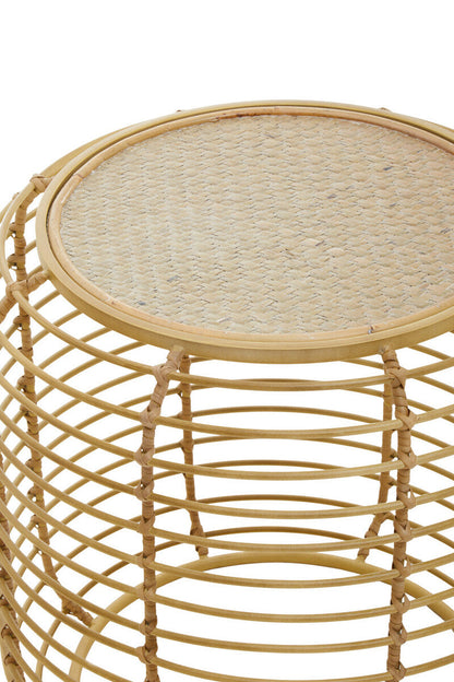 Trento Natural Rattan Round Side Table with Antique Gold Finish Frame