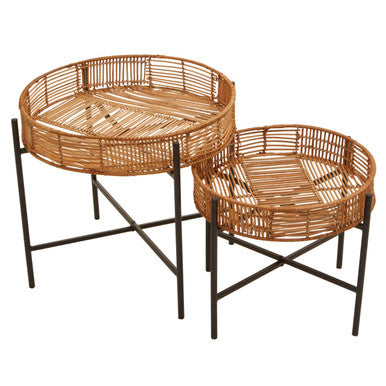 Batu Natural Rattan and Black Metal Set of 2 Side Tables