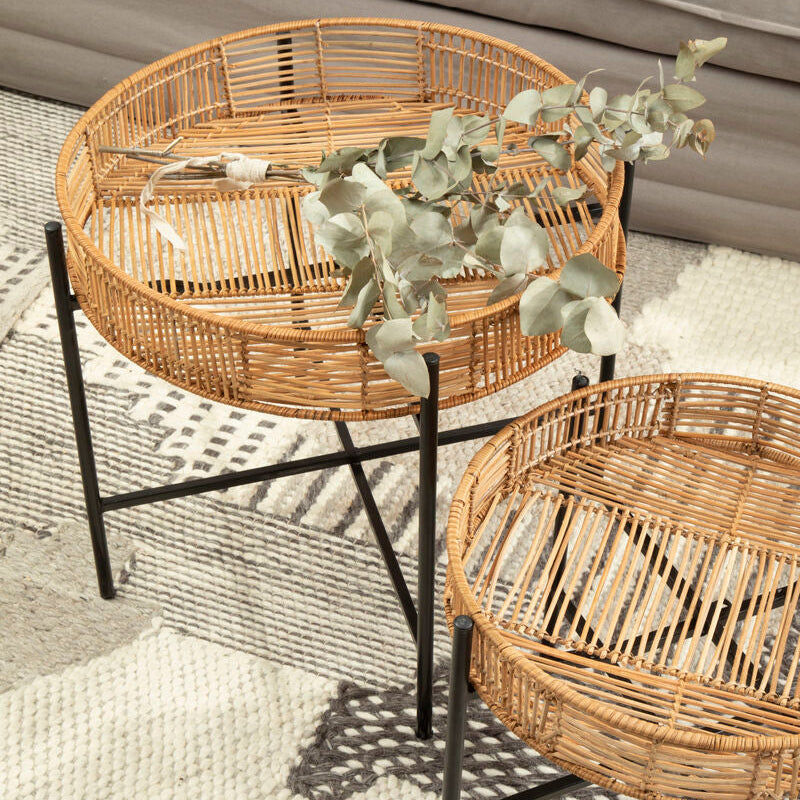 Batu Natural Rattan and Black Metal Set of 2 Side Tables