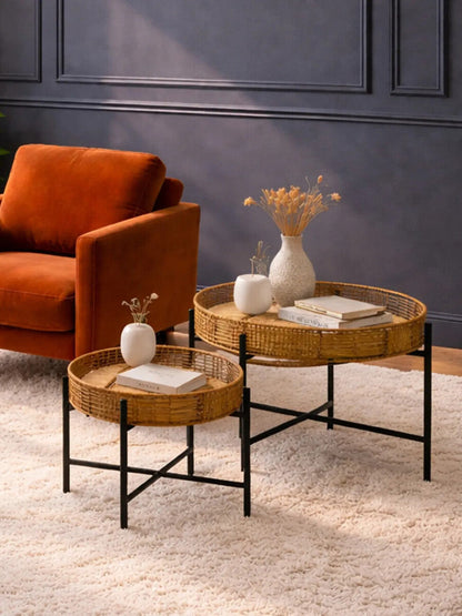 Batu Natural Rattan and Black Metal Set of 2 Side Tables