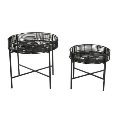 Batu Black Rattan and Metal Set of 2 Side Tables