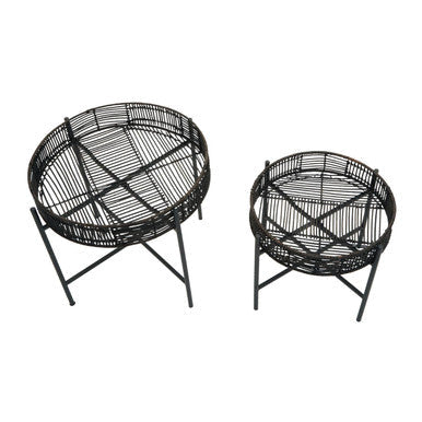 Batu Black Rattan and Metal Set of 2 Side Tables