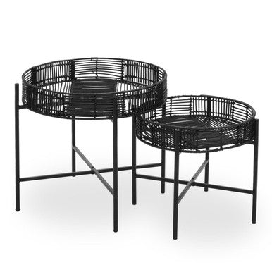 Batu Black Rattan and Metal Set of 2 Side Tables