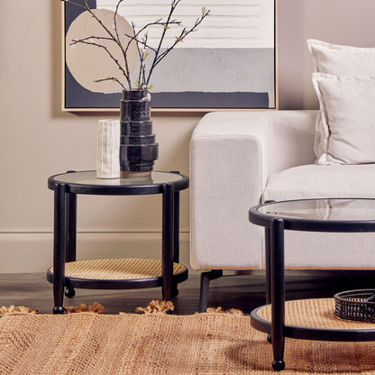Cebu Black Wood and Natural Rattan Round Side Table