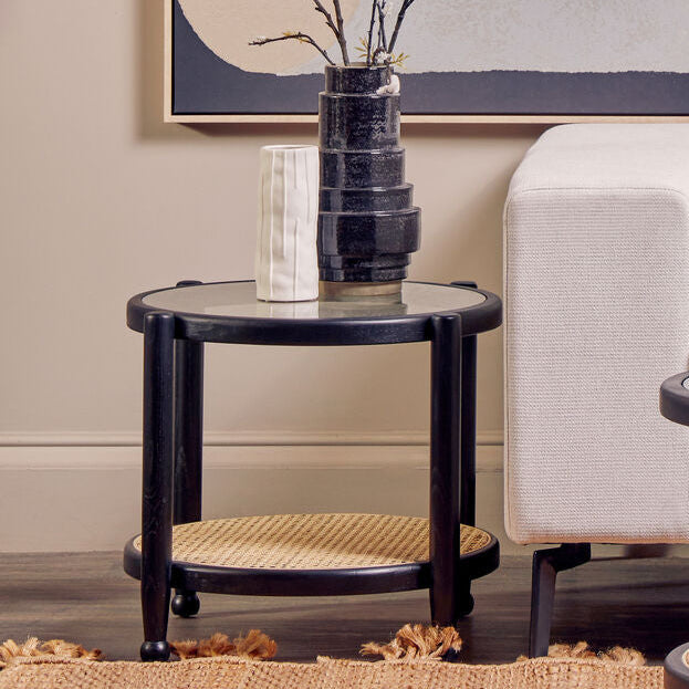 Cebu Black Wood and Natural Rattan Round Side Table
