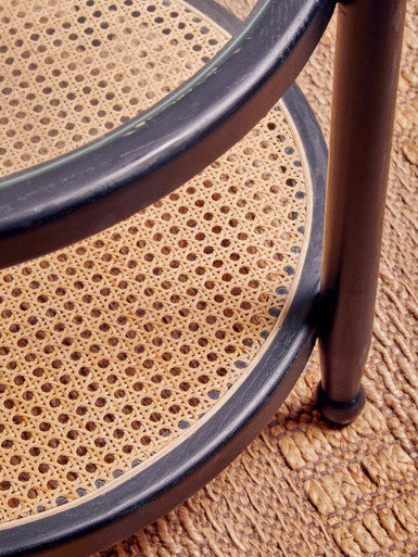 Cebu Black Wood and Natural Rattan Round Side Table
