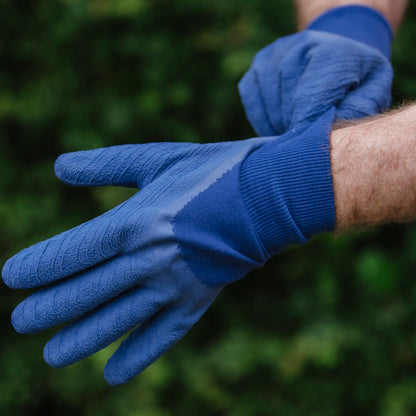 Ultimate All Round Mens Gardening Gloves Navy Large being put on