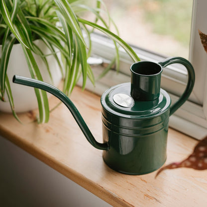 Kent and Stowe Indoor Metal Watering Can 1ltr Forest Green on windowsill