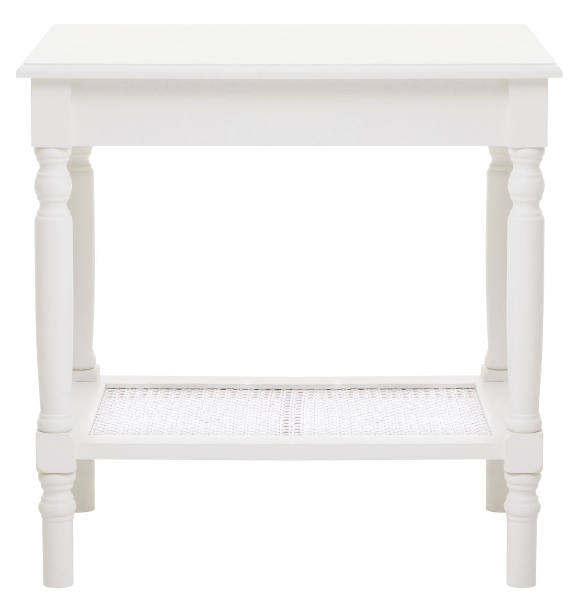 Heritage White Wooden Side Table with Rattan Shelf