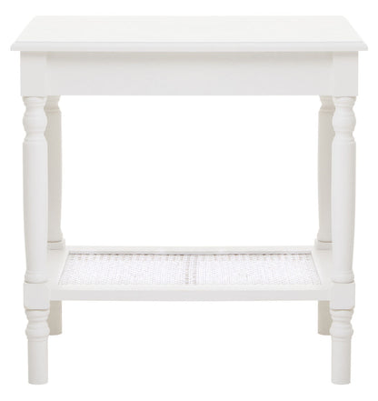 Heritage White Wooden Side Table with Rattan Shelf