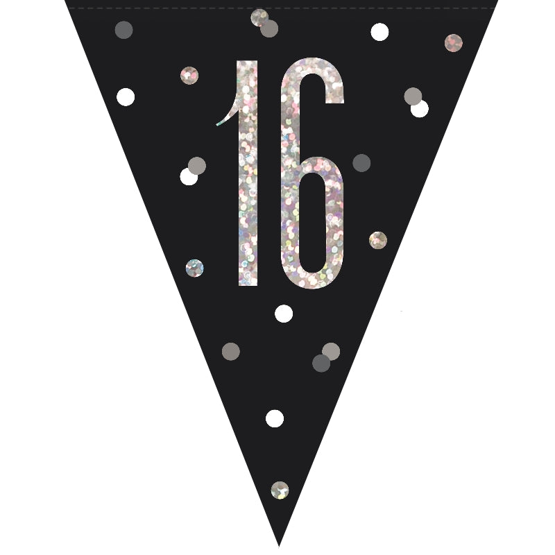 Black and Silver 16th Birthday Bunting Banners