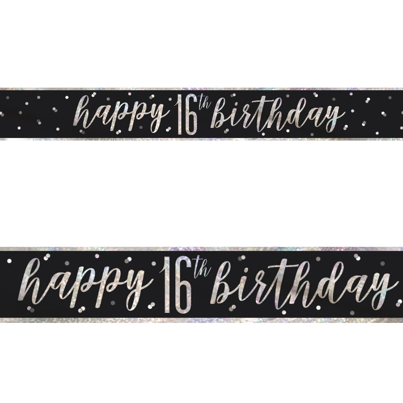 Black and Silver 16th Birthday Foil Banners