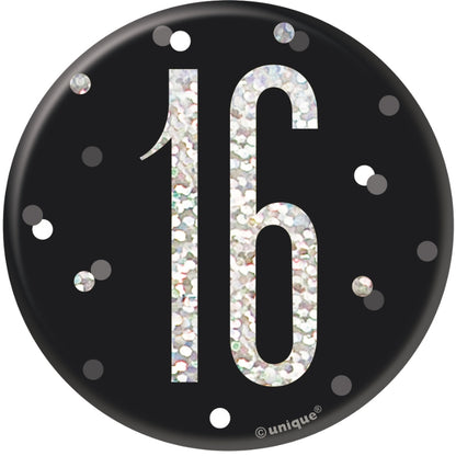 Black and Silver 16th Birthday Badges