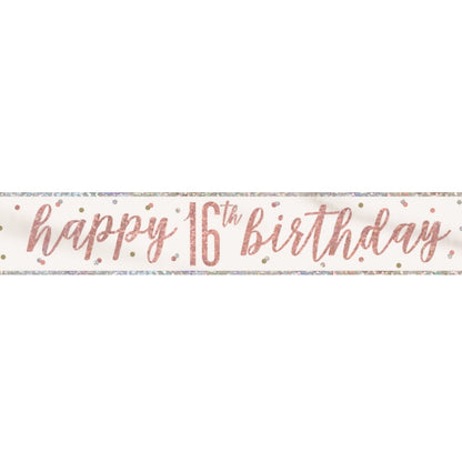 Rose Gold Holographic 16th Birthday Foil Banner